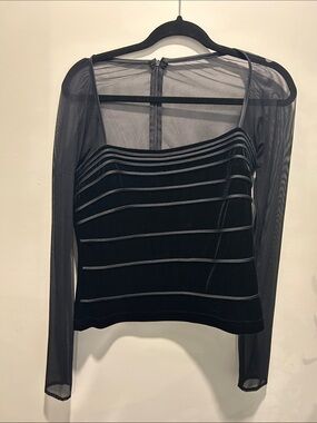 Black Mesh Sleeve Velvet Stripe Women's Top